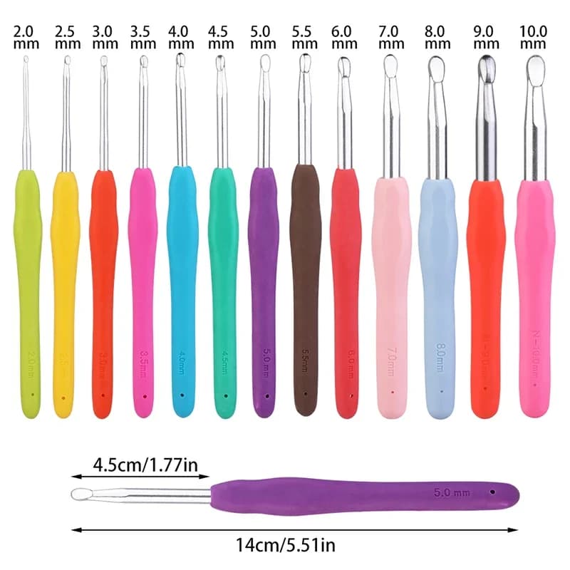 14pcs Colorful Rubber Handle Knitting Needles Kit With Sewing Clips Plastic Needles Staniless Steel Scissors Crochet Hooks Set