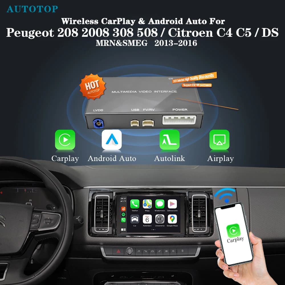 AUTOTOP Wireless Carplay Android Auto For Peugeot Citroen DS C4 C5 DS4 DS3 DS5 308 508 5008 3008 MRN SMEG Accessory Multimedia