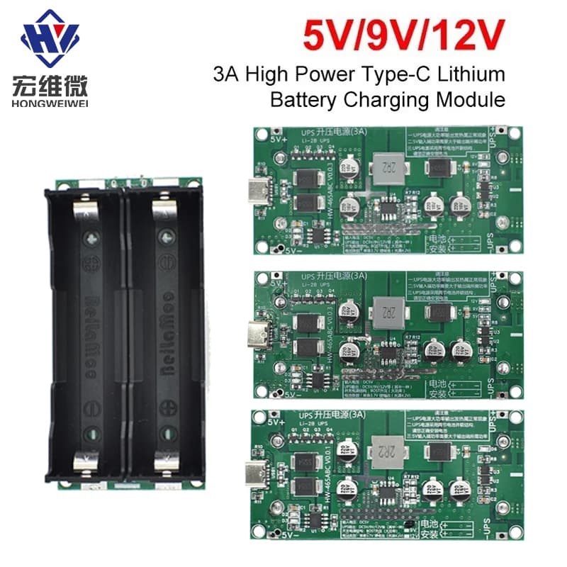 Type-C 15W 3A Fast Charge UPS Power Supply / 18650 Lithium Battery Charger Module DC-DC Step Up Booster Converter 5V 9V 12V