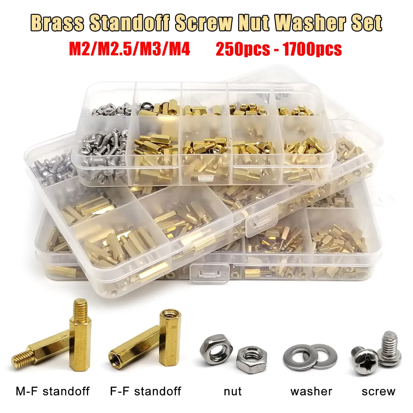 1 Kit M2 M2.5 M3 M4 Solid Brass Copper Hex Hexagon Pillar Spacer Column Standoff Screw Nut Washer Set Box for PCB Motherboard