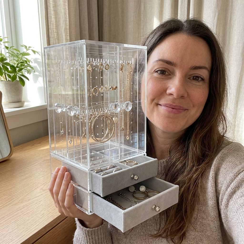 Akryl smykkeskrin med 2 skuffer i velour – Transparent/Grå view 2