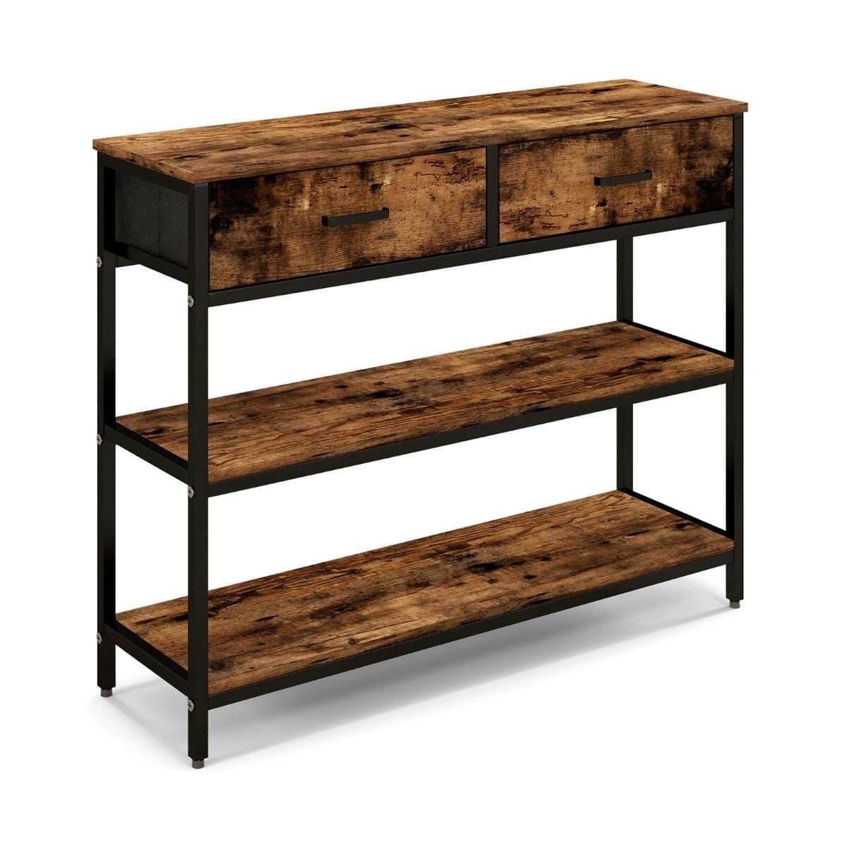 100 cm konsolbord med 2 stofskuffer 3 etagers sidebord rustik brun view 2