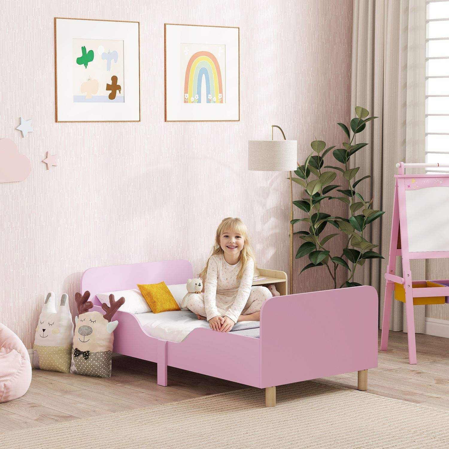 Børnesengestel med gelænder, pink MDF og fyrretræ view 2