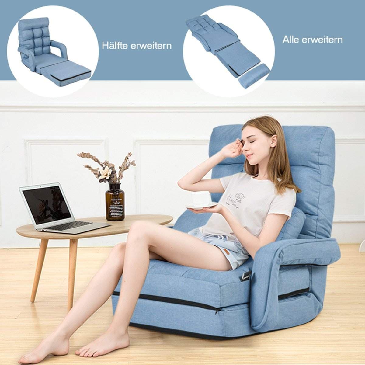 Justerbar blå sovesofa – 5 positioner, behagelige armlæn