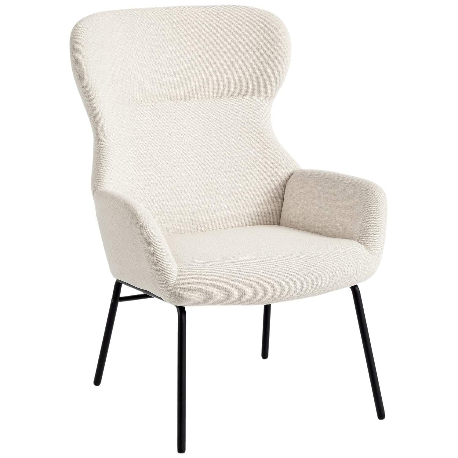 Cremefarvet Wingback-stol, høj ryg, plyspolstring, stålben