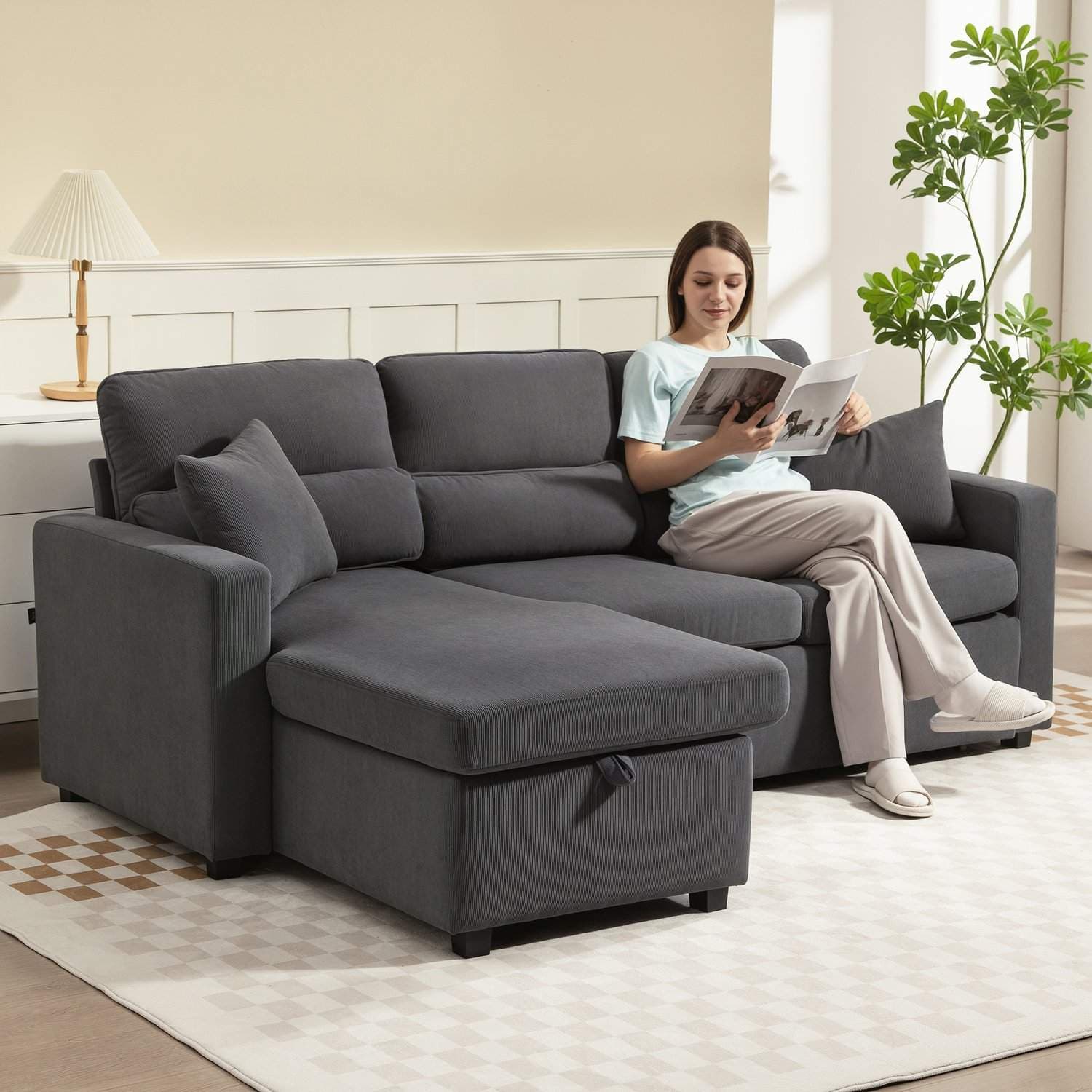 Justerbar L-formet sovesofa med opbevaring, mørkegrå view 2