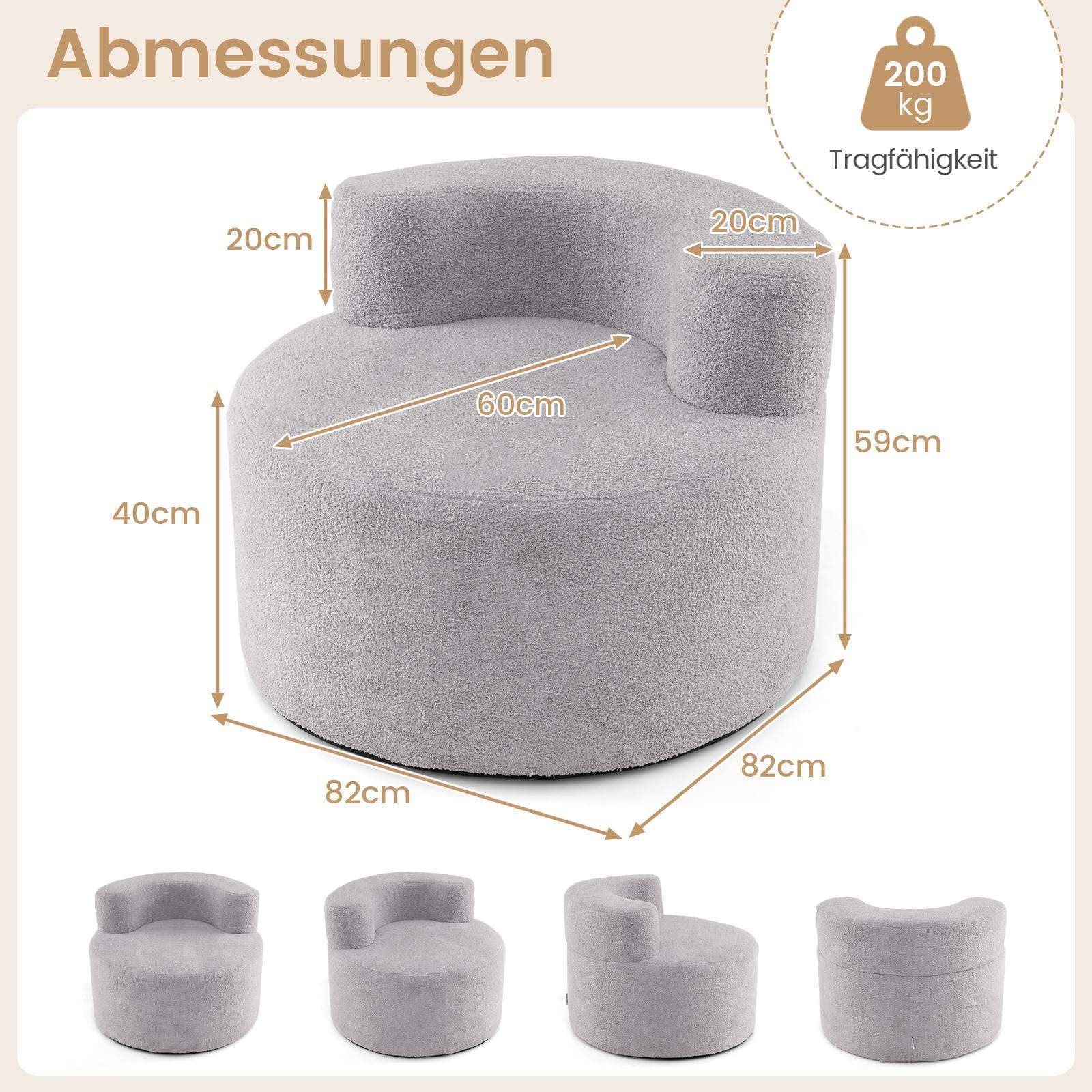 Måneformet sækkestol – blød teddyfleece, grå view 2