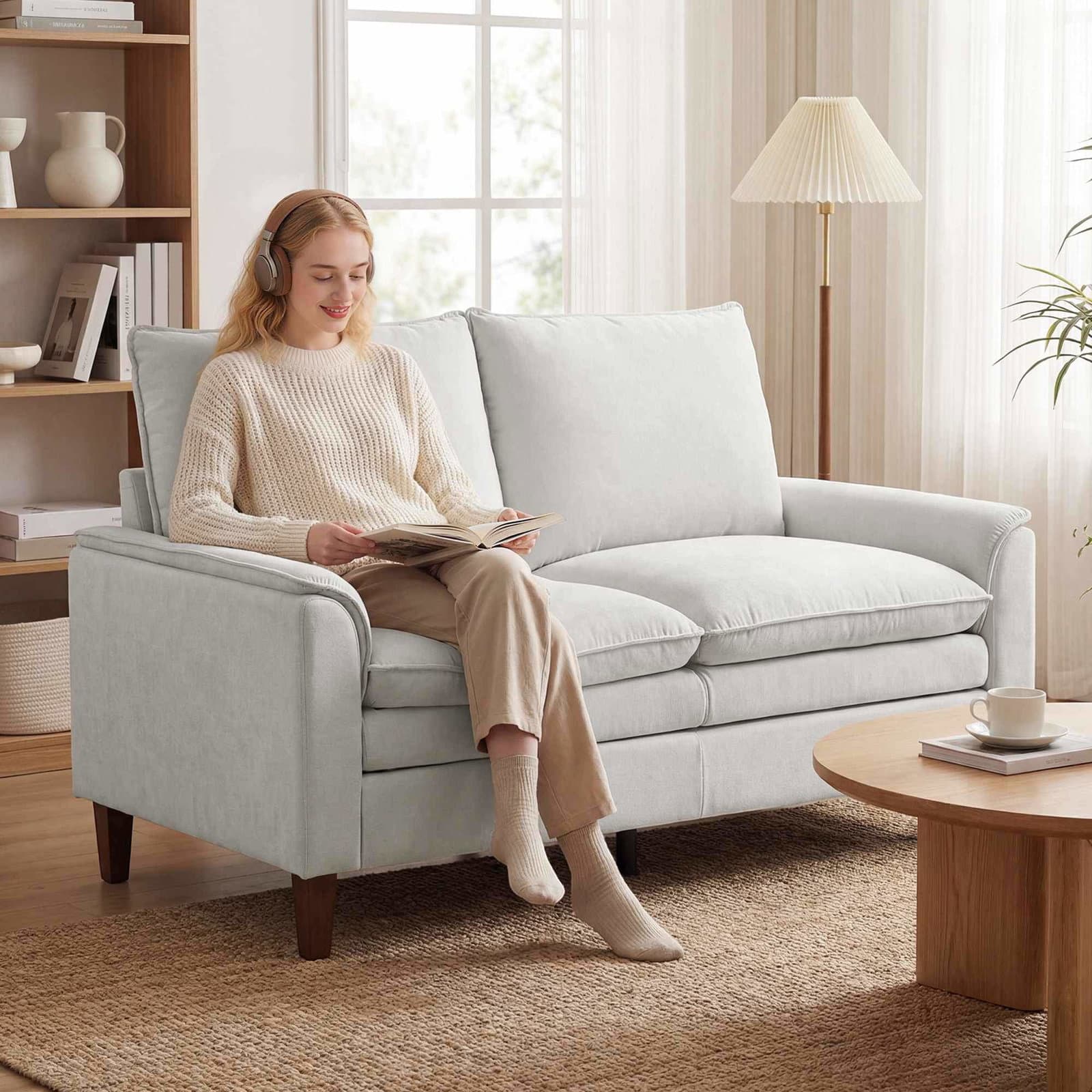 146 cm Chenille sofa – dyb sæde, høj ryg, cremefarvet view 2