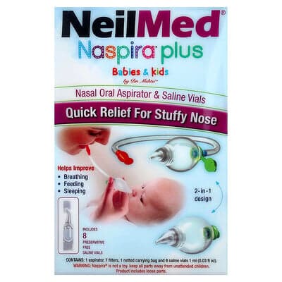 NeilMed, Naspira® Plus, nasal oral aspirator og saltvandsflasker, babyer og børn, sæt med 17 dele