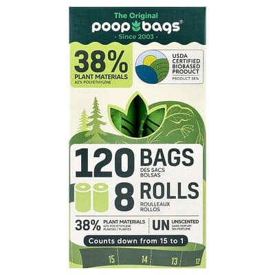 Original Poop Bags, Uparfumeret, 8 ruller, 15 poser pr. stk.