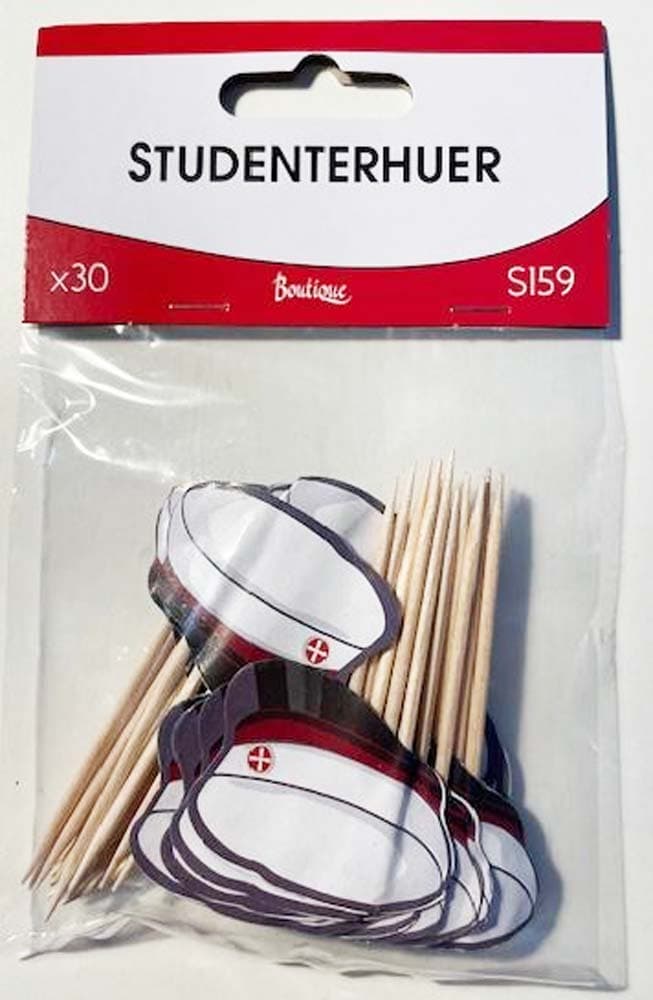Røde studenterhuer på pind 30 stk.