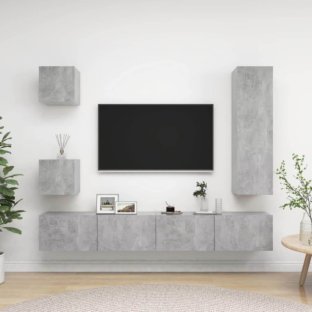 Væghængt tv-skabssæt i konstrueret træ - betongrå, 5 dele