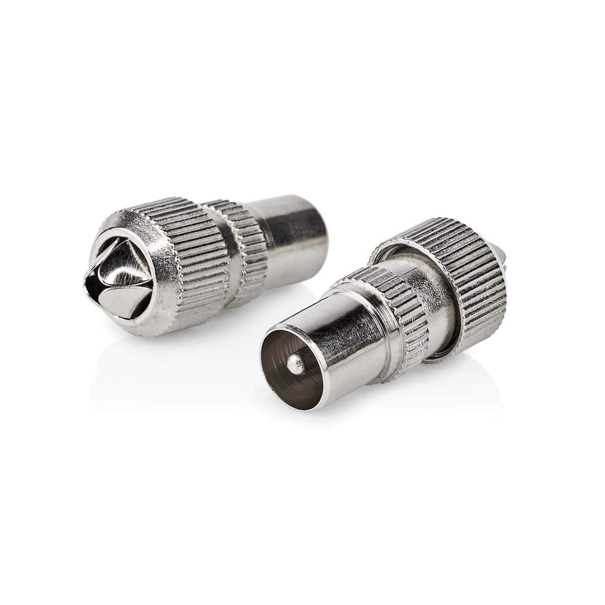 IEC (Coax) Stik | Lige | Han | Nikkelplateret | 75 Ohm | Skru | Kabeldiameter: 7.0 mm | Metal | Sølv | 2 stk. | Box