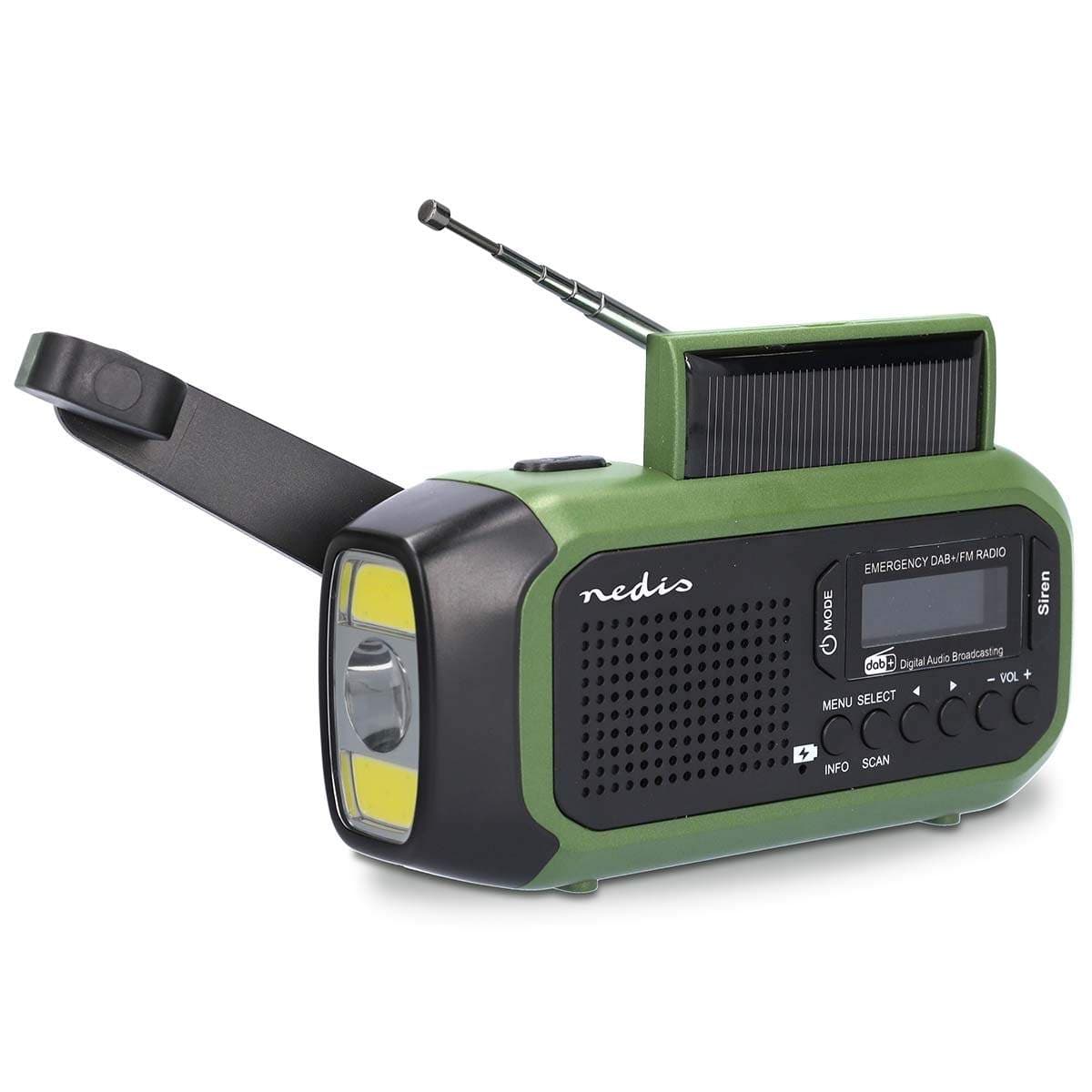 Nødradio | Bærbart design | DAB+ / FM | Batteri / Håndsving / Solar Powered / USB Drevet | Vækkeur | Grøn / Sort