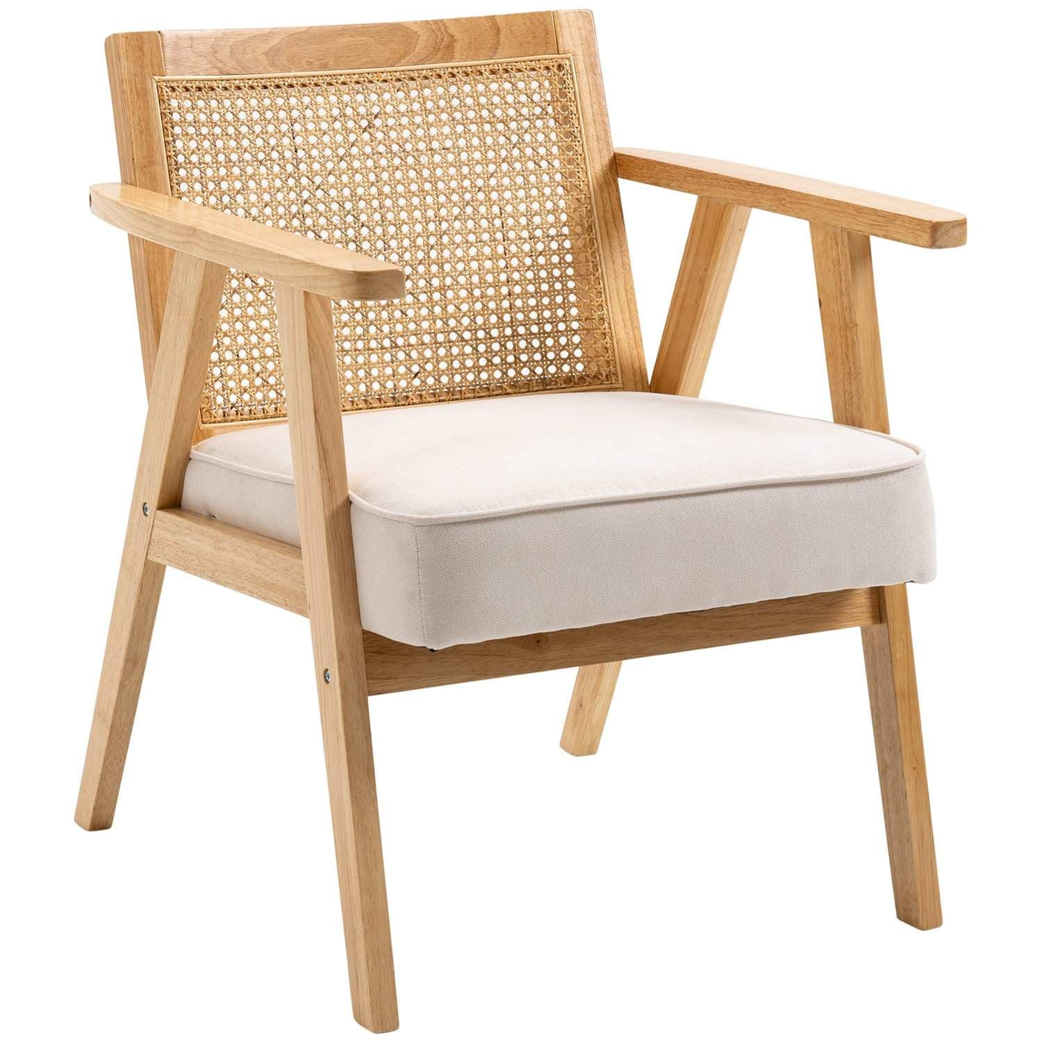 Eksotisk polstret stol, gummitræ, sædehynde i hørlook, 63L x 69W x 78H cm, cremehvid