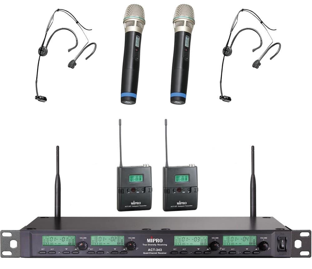 MIPRO ACT343 Trådløs Modtager 4 Kanals Inkl. Mikrofon, Lommesender og Headset